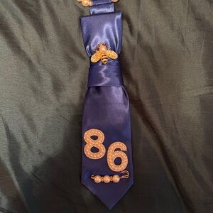Navy Blue Satin Tie with Rose Gold Bee & Number Accents